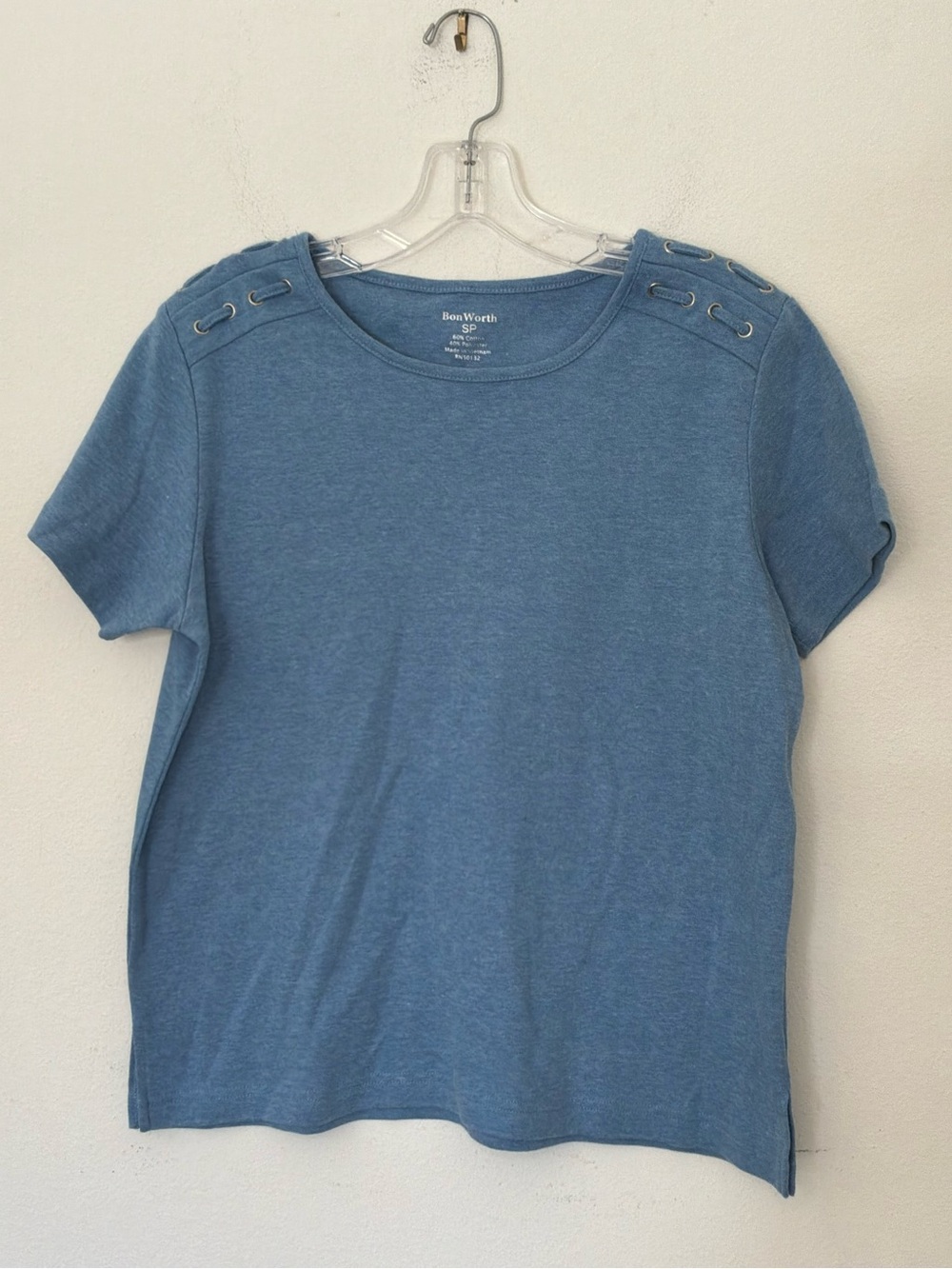BonWorth Blue Short Sleeve Grommet Shoulder Knit Top Size SP